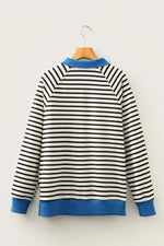 Black Stripe Color Block Patchwork Button Polo Collar Side Slit Sweatshirt - MarkoFit
