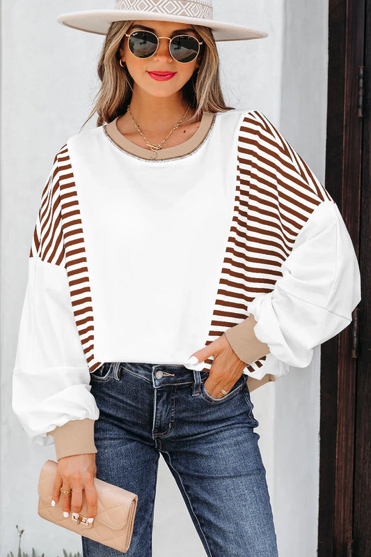 Brown Stripe Colorblock Patchwork Contrast Stitching Oversize Sweatshirt - MarkoFit