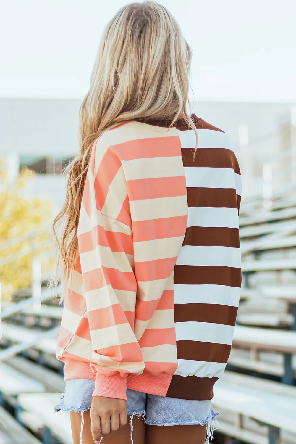 Brown Stripe Color Block Drop Shoulder Pullover Sweatshirt - MarkoFit