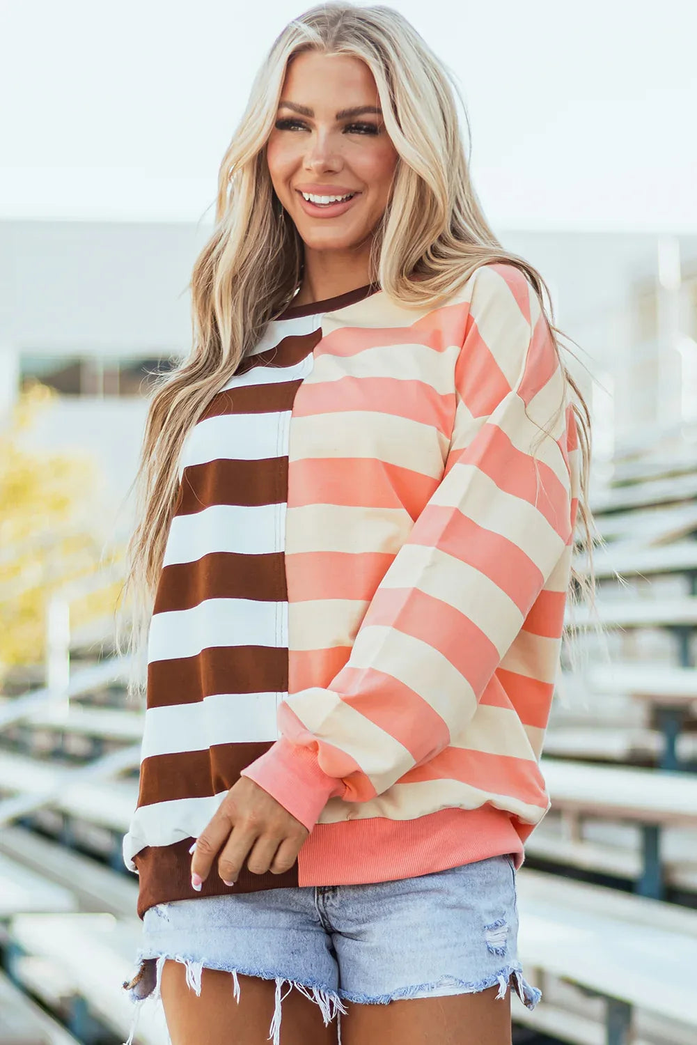 Brown Stripe Color Block Drop Shoulder Pullover Sweatshirt - MarkoFit
