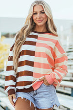 Brown Stripe Color Block Drop Shoulder Pullover Sweatshirt - MarkoFit