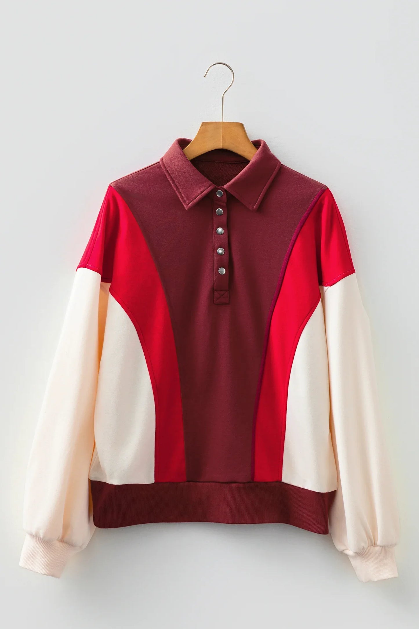 Fiery Red Color Block Patchwork Snap Button Polo Sweatshirt - MarkoFit