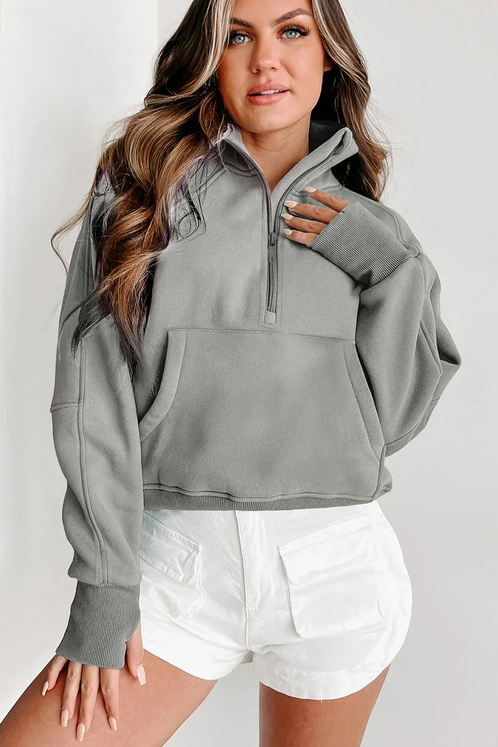 Gray Fleece Lined Zip Up Stand Collar Thumbhole Sleeve Sweatshirt - MarkoFit