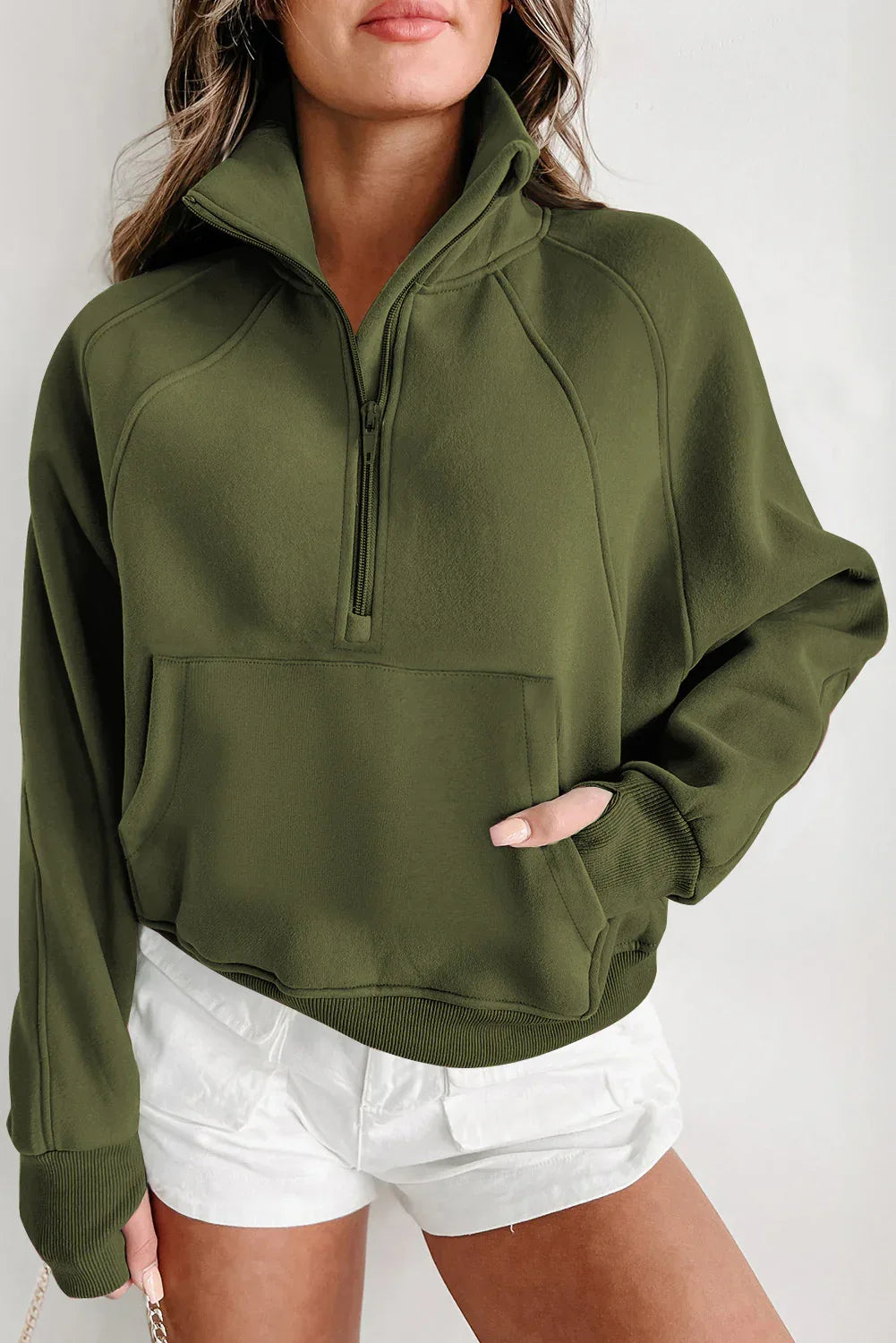 Green Fleece Lined Zip Up Stand Collar Thumbhole Sleeve Sweatshirt - MarkoFit