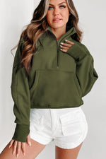 Green Fleece Lined Zip Up Stand Collar Thumbhole Sleeve Sweatshirt - MarkoFit