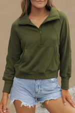 Green Fleece Lined Zip Up Stand Collar Thumbhole Sleeve Sweatshirt - MarkoFit