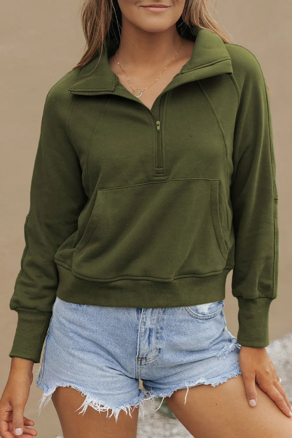 Green Fleece Lined Zip Up Stand Collar Thumbhole Sleeve Sweatshirt - MarkoFit