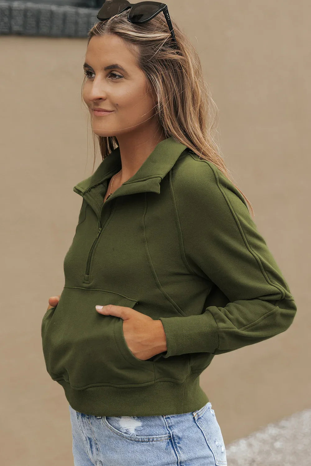 Green Fleece Lined Zip Up Stand Collar Thumbhole Sleeve Sweatshirt - MarkoFit