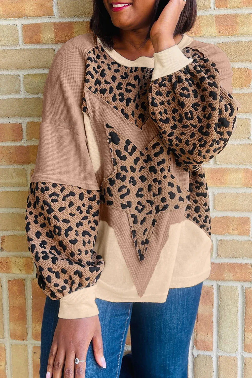 Light French Beige Leopard Star Color Block Patchwork Textured Baggy Sweatshirt - MarkoFit