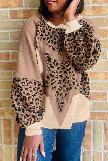 Light French Beige Leopard Star Color Block Patchwork Textured Baggy Sweatshirt - MarkoFit