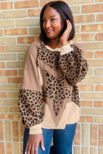 Light French Beige Leopard Star Color Block Patchwork Textured Baggy Sweatshirt - MarkoFit
