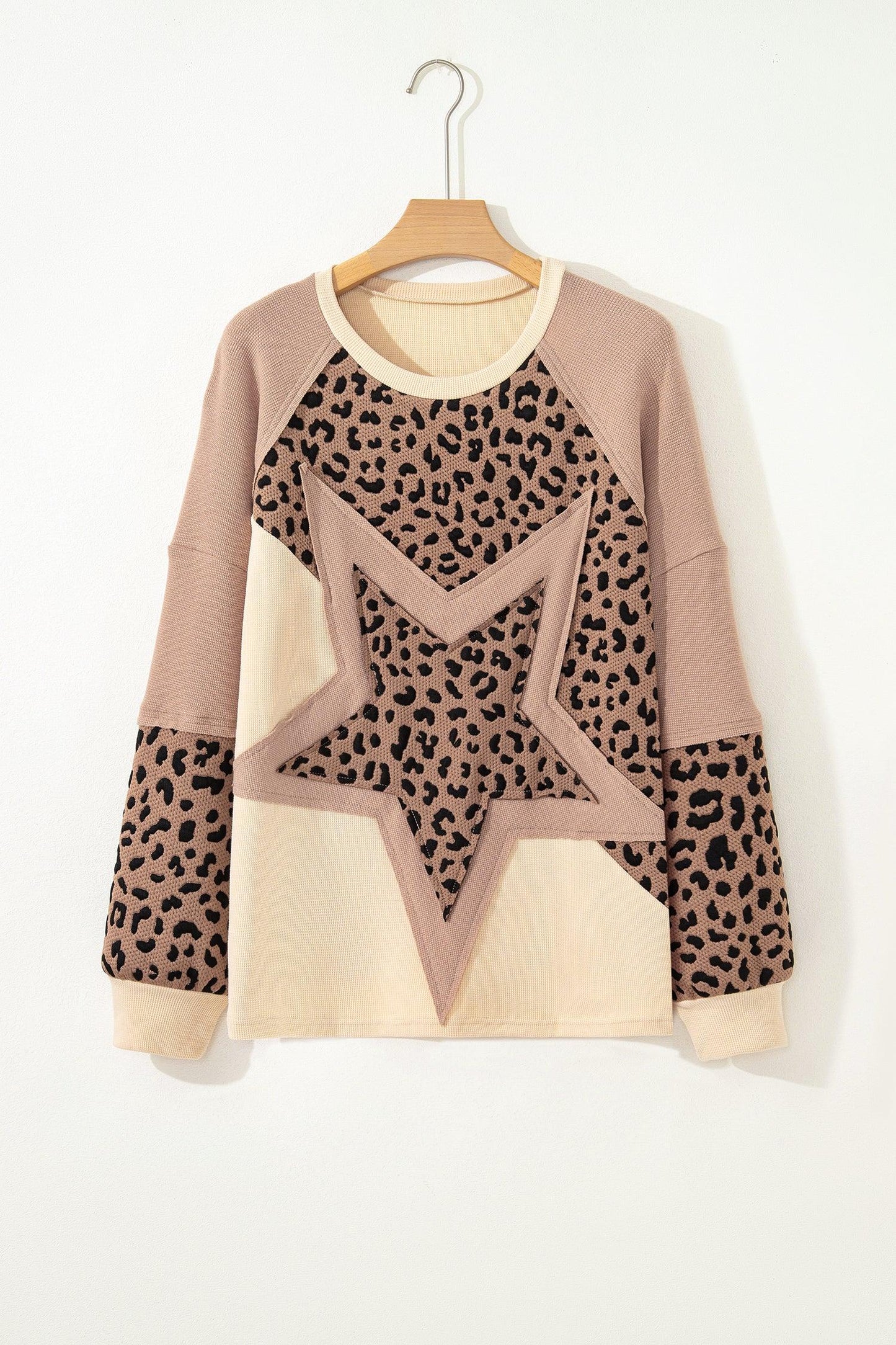 Light French Beige Leopard Star Color Block Patchwork Textured Baggy Sweatshirt - MarkoFit