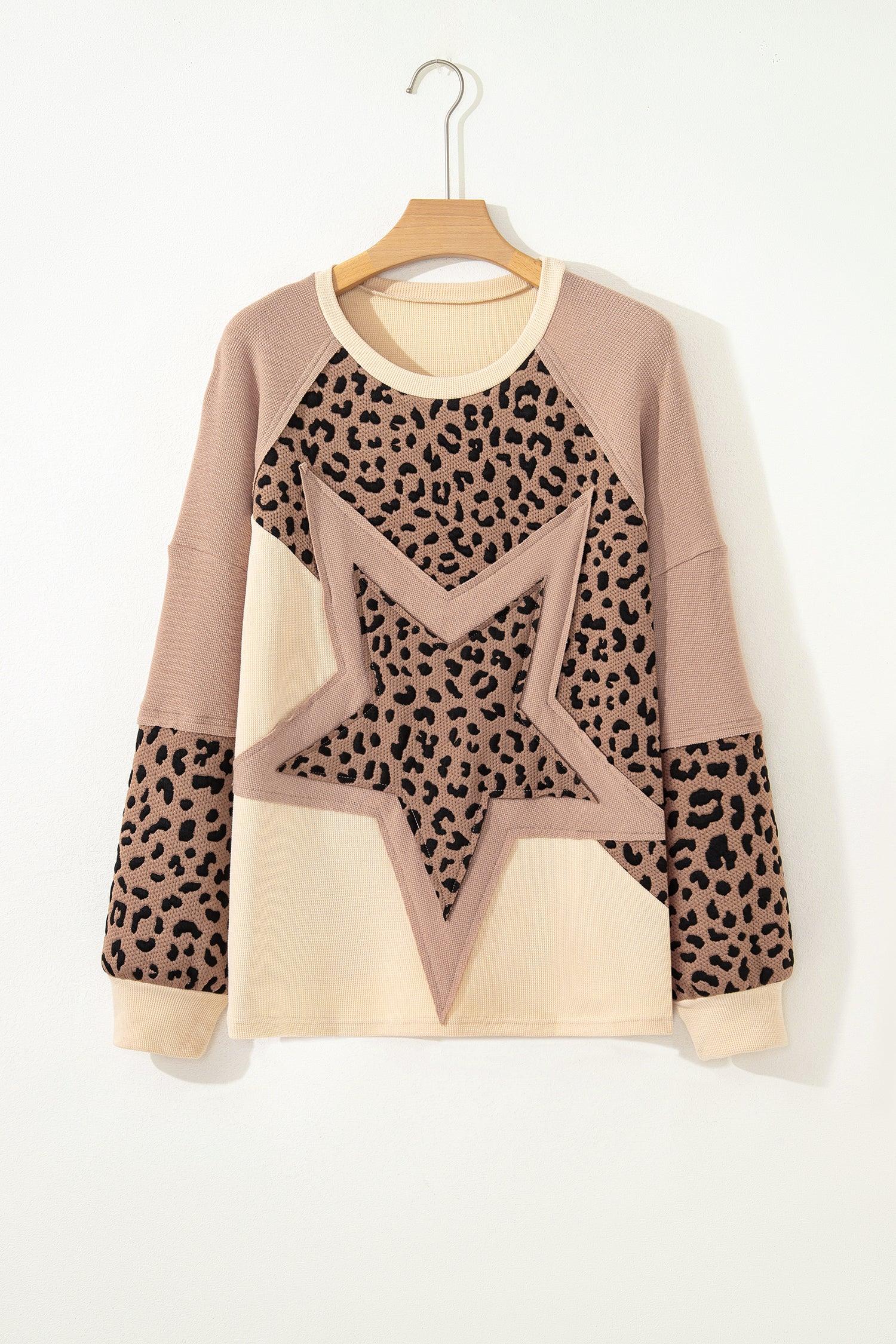 Light French Beige Leopard Star Color Block Patchwork Textured Baggy Sweatshirt - MarkoFit