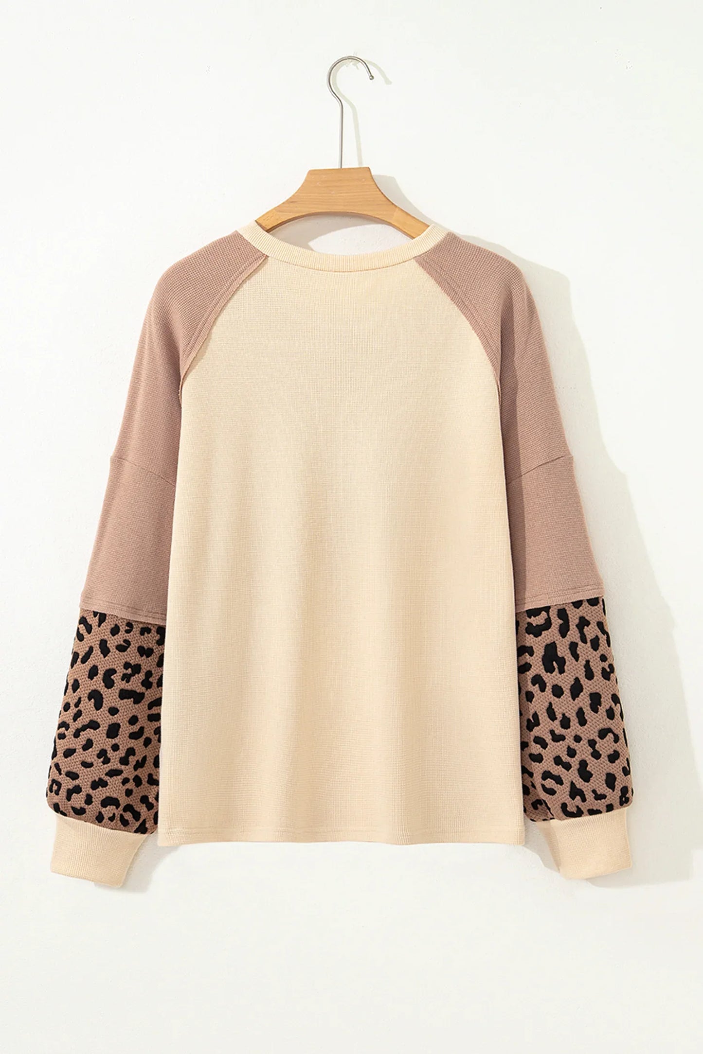 Light French Beige Leopard Star Color Block Patchwork Textured Baggy Sweatshirt - MarkoFit