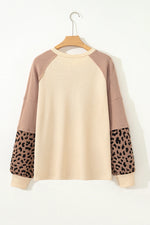 Light French Beige Leopard Star Color Block Patchwork Textured Baggy Sweatshirt - MarkoFit