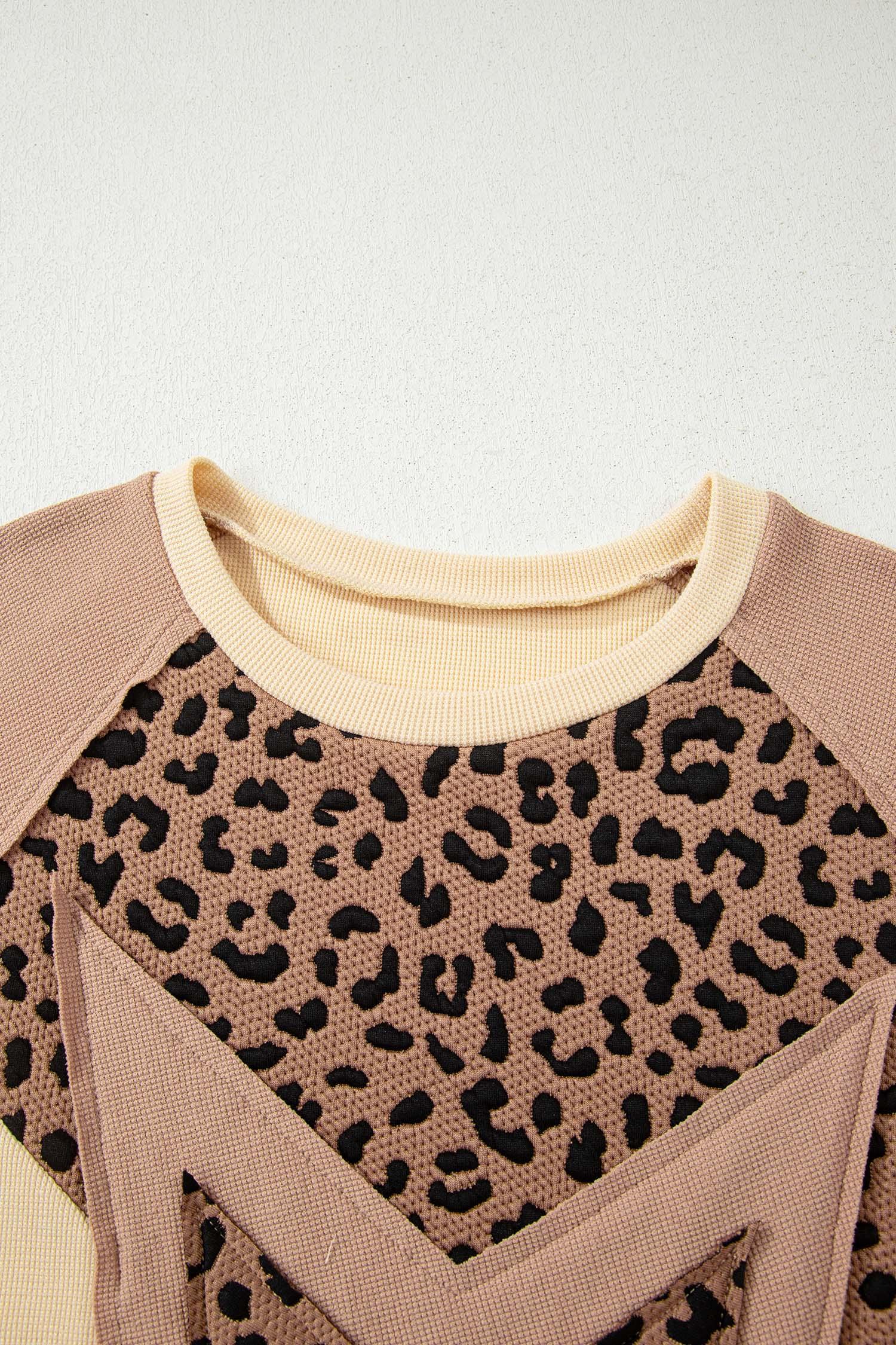 Light French Beige Leopard Star Color Block Patchwork Textured Baggy Sweatshirt - MarkoFit