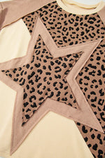 Light French Beige Leopard Star Color Block Patchwork Textured Baggy Sweatshirt - MarkoFit