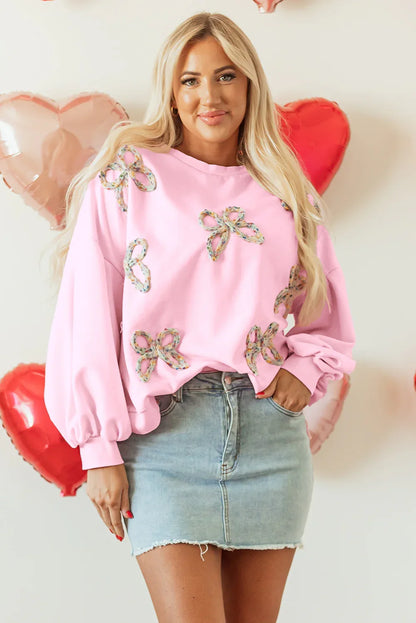 Light Pink Embroidered Bow Lantern Sleeve Oversized Pullover Sweatshirt - MarkoFit
