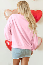 Light Pink Embroidered Bow Lantern Sleeve Oversized Pullover Sweatshirt - MarkoFit