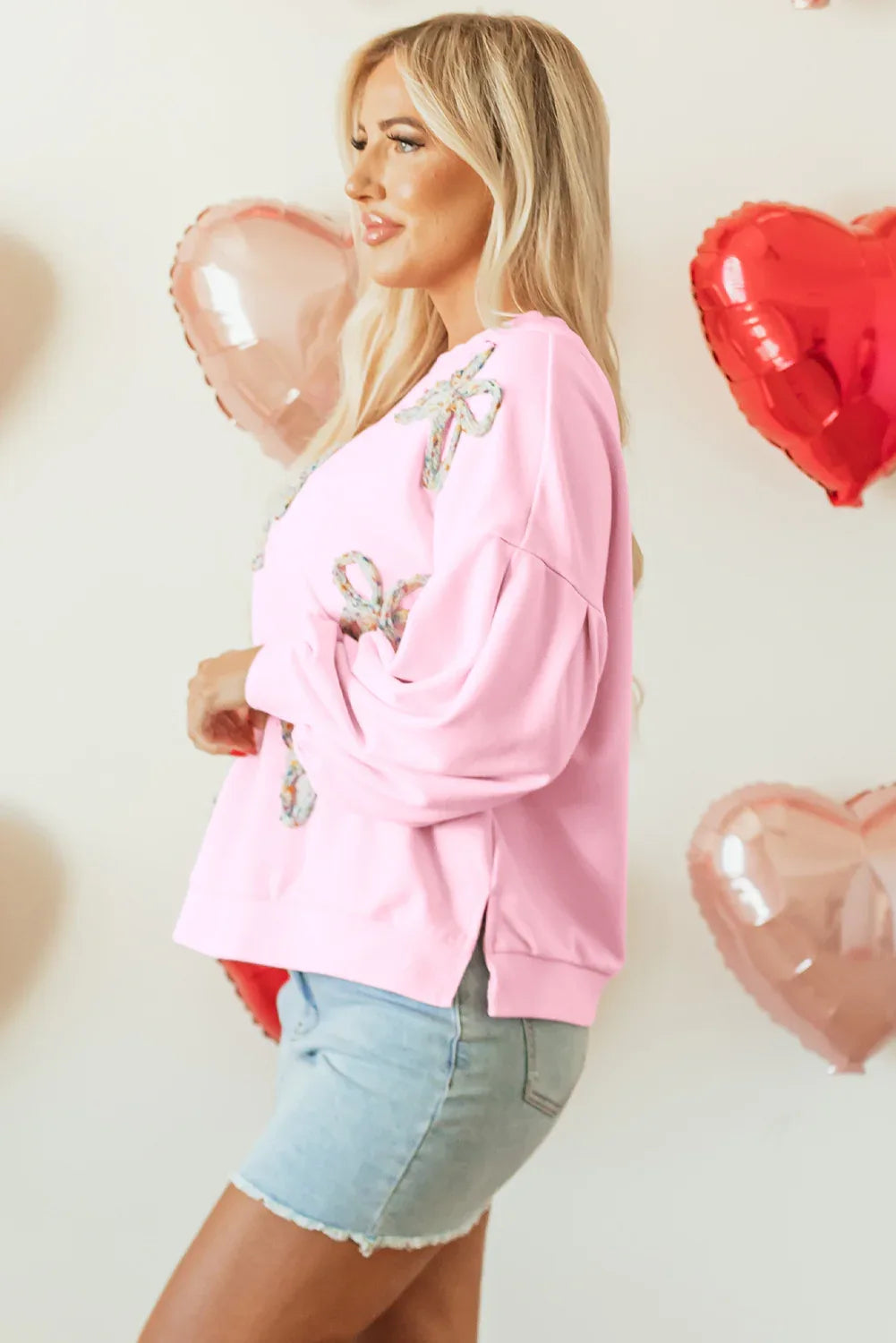 Light Pink Embroidered Bow Lantern Sleeve Oversized Pullover Sweatshirt - MarkoFit
