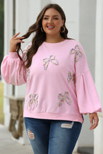 Light Pink Embroidered Bow Lantern Sleeve Oversized Pullover Sweatshirt - MarkoFit