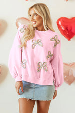 Light Pink Embroidered Bow Lantern Sleeve Oversized Pullover Sweatshirt - MarkoFit