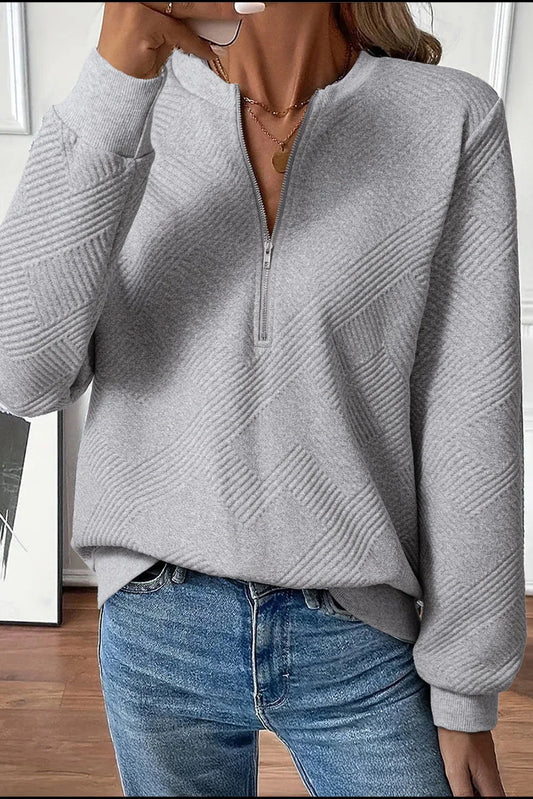 Medium Grey Trendy Textured Half Zip Loose Sweatshirt - MarkoFit