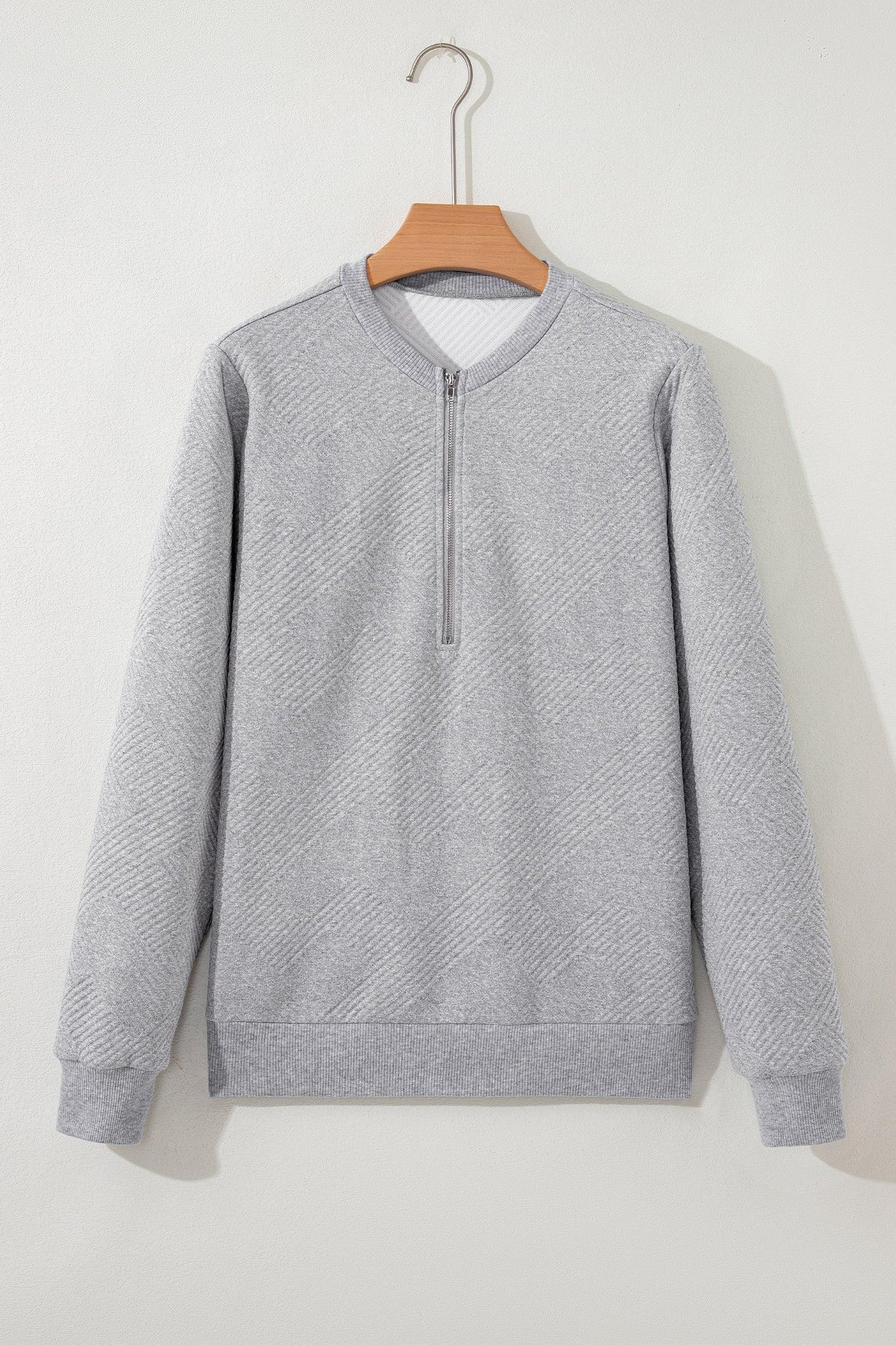 Medium Grey Trendy Textured Half Zip Loose Sweatshirt - MarkoFit