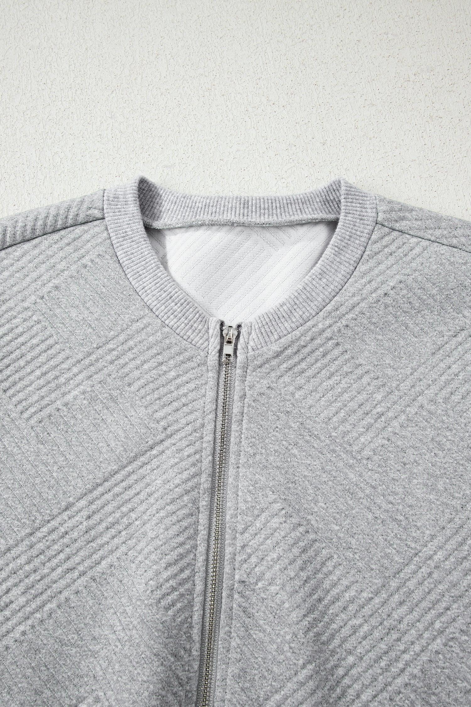 Medium Grey Trendy Textured Half Zip Loose Sweatshirt - MarkoFit