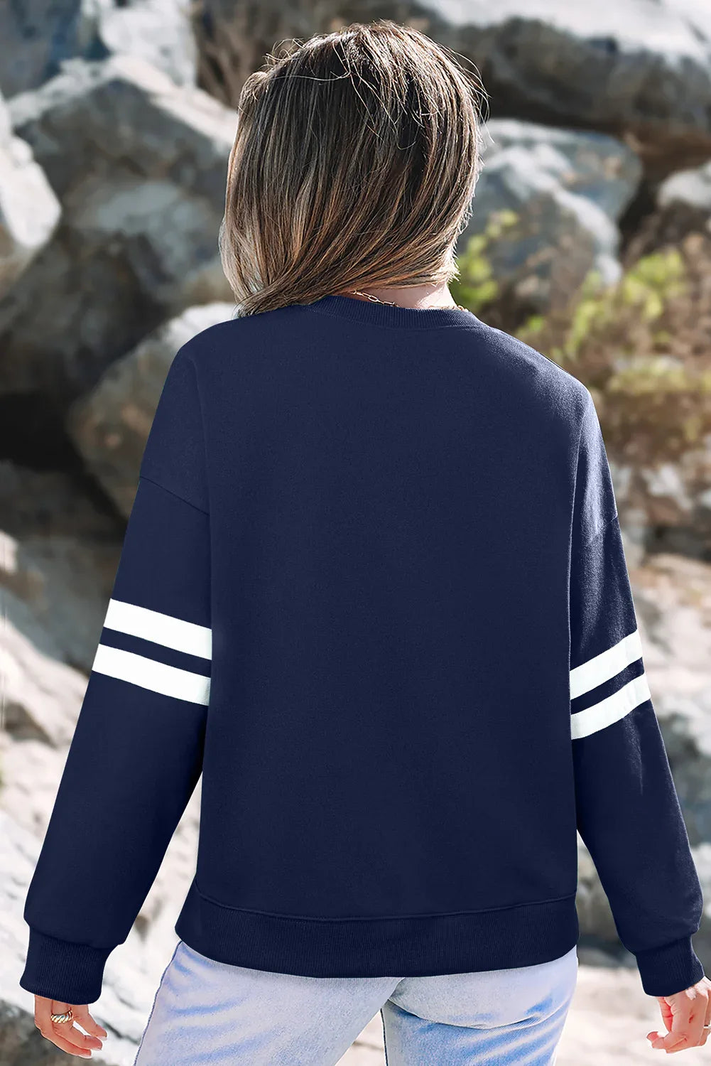 Navy Blue Varsity Striped Detail Drop Shoulder Oversized Sweatshirt - MarkoFit