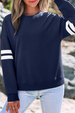 Navy Blue Varsity Striped Detail Drop Shoulder Oversized Sweatshirt - MarkoFit
