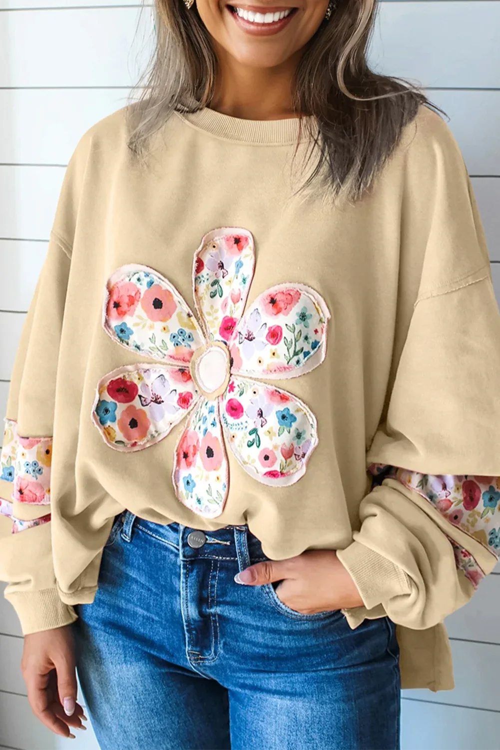 Pale Khaki Floral Applique Baggy Pullover Sweatshirt - MarkoFit