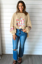 Pale Khaki Floral Applique Baggy Pullover Sweatshirt - MarkoFit