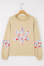 Pale Khaki Floral Applique Baggy Pullover Sweatshirt - MarkoFit