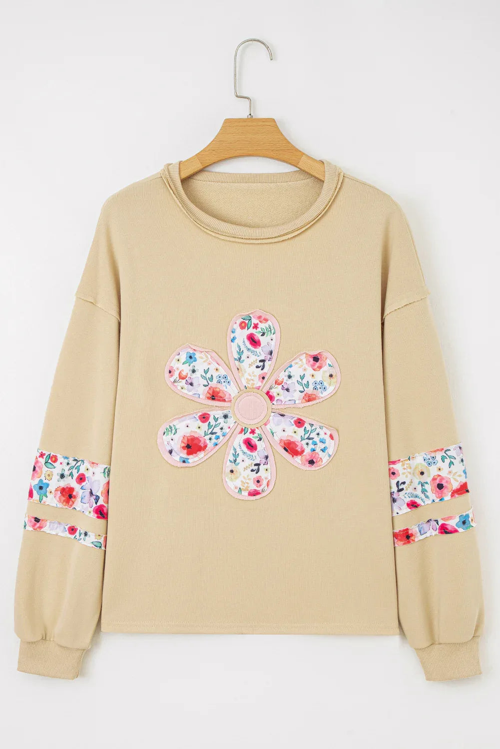 Pale Khaki Floral Applique Baggy Pullover Sweatshirt - MarkoFit