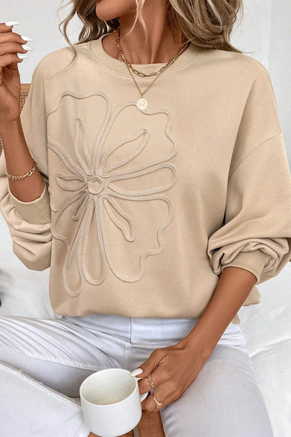 Parchment Embroidered Flower Pattern Drop Shoulder Sweatshirt - MarkoFit