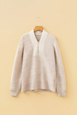 Parchment Solid Color Textured Zip V Neck Pullover Sweatshirt - MarkoFit