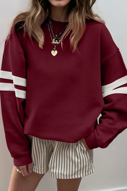 Red Dahlia Varsity Striped Detail Drop Shoulder Oversized Sweatshirt - MarkoFit