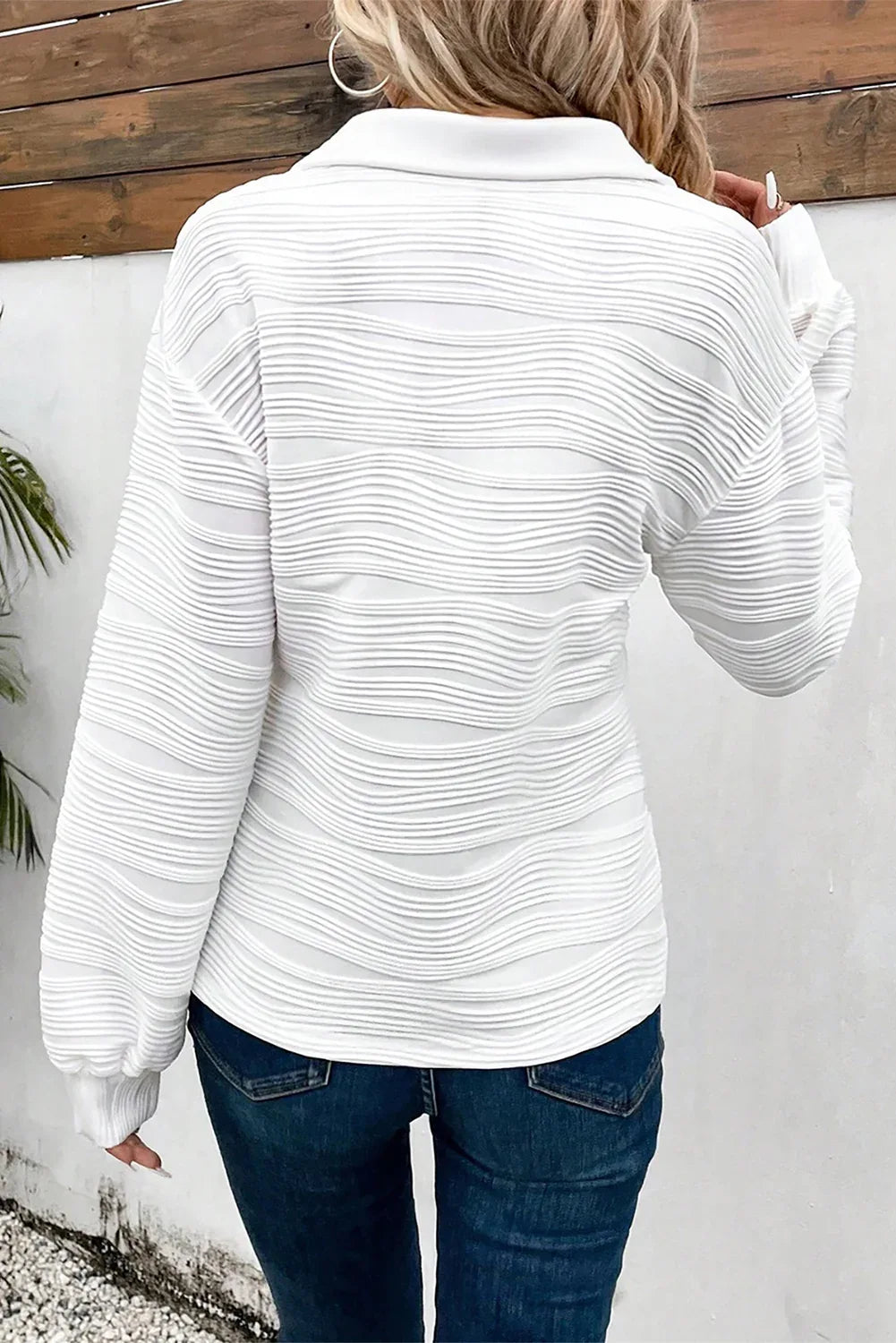 White Solid Color Textured Zip V Neck Pullover Sweatshirt - MarkoFit