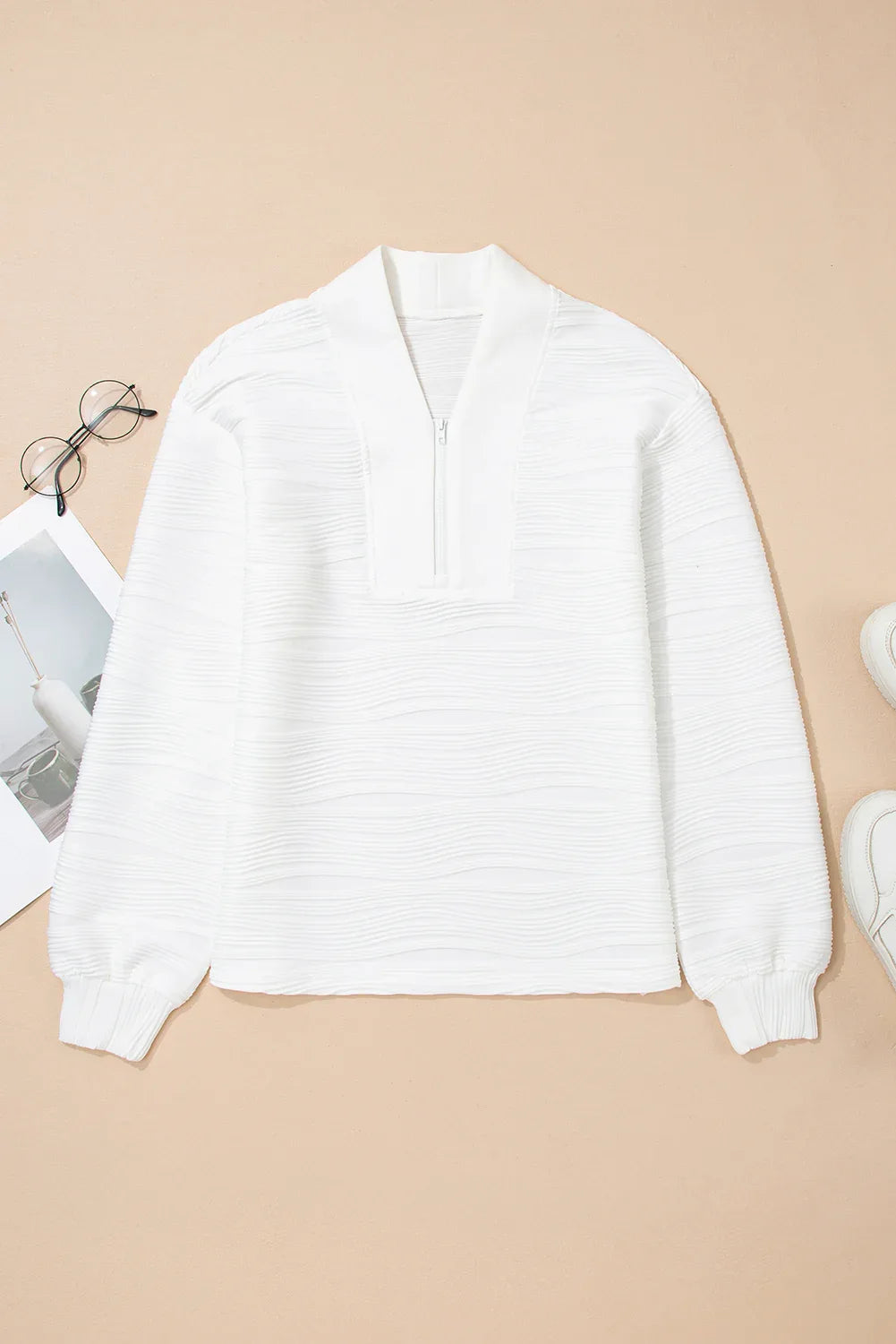 White Solid Color Textured Zip V Neck Pullover Sweatshirt - MarkoFit