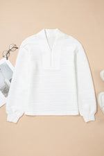 White Solid Color Textured Zip V Neck Pullover Sweatshirt - MarkoFit
