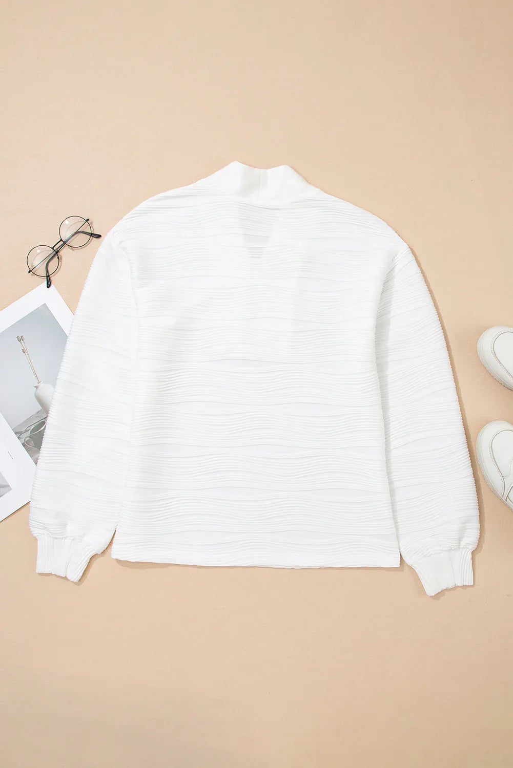 White Solid Color Textured Zip V Neck Pullover Sweatshirt - MarkoFit