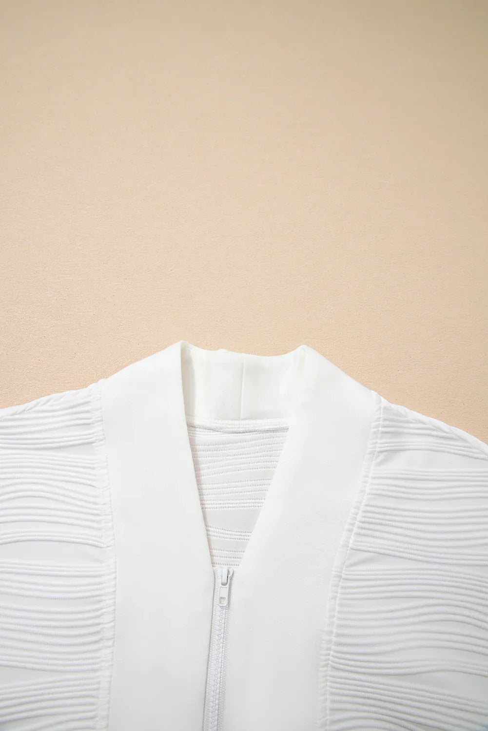 White Solid Color Textured Zip V Neck Pullover Sweatshirt - MarkoFit