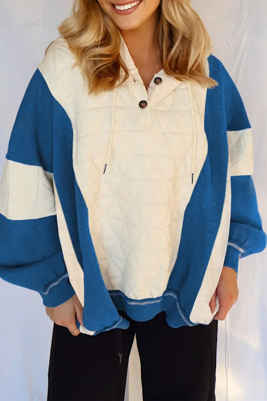White Quilted Fleece Color Block Patchwork Oversize Hoodie - MarkoFit