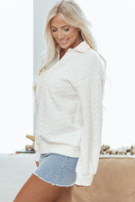 White Textured Pocketed Collared V Neck Pullover Sweatshirt - MarkoFit