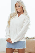 White Textured Pocketed Collared V Neck Pullover Sweatshirt - MarkoFit