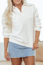 White Textured Pocketed Collared V Neck Pullover Sweatshirt - MarkoFit