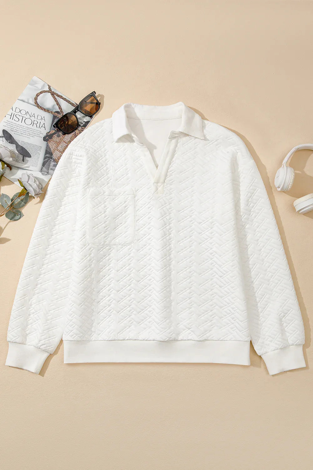 White Textured Pocketed Collared V Neck Pullover Sweatshirt - MarkoFit