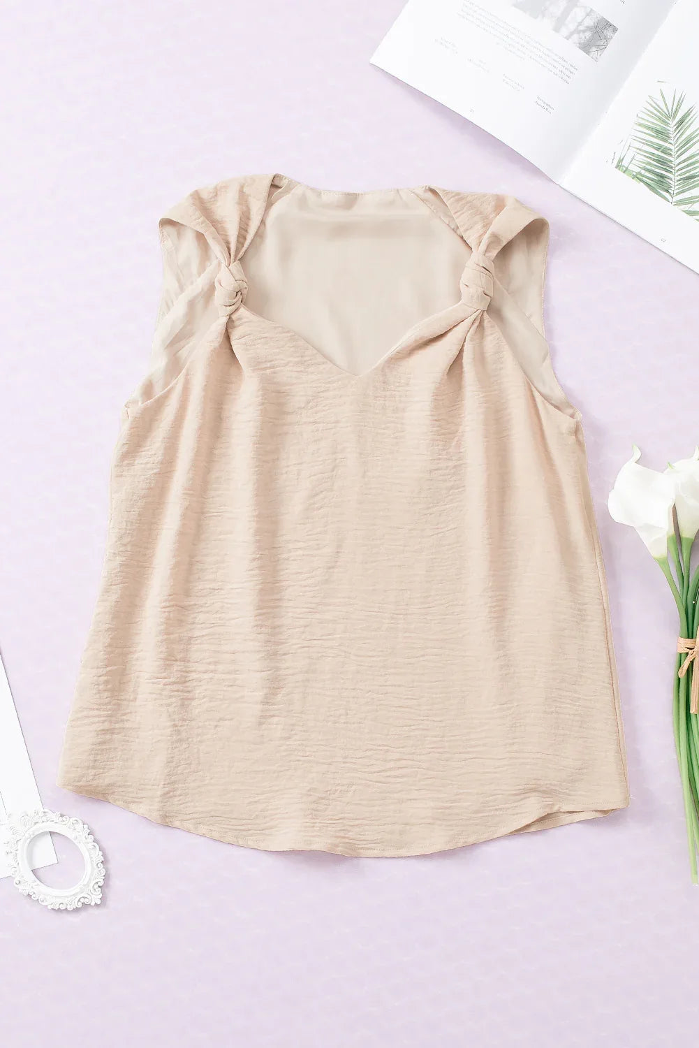 Apricot V Neck Knotted Shoulder Vest - MarkoFit