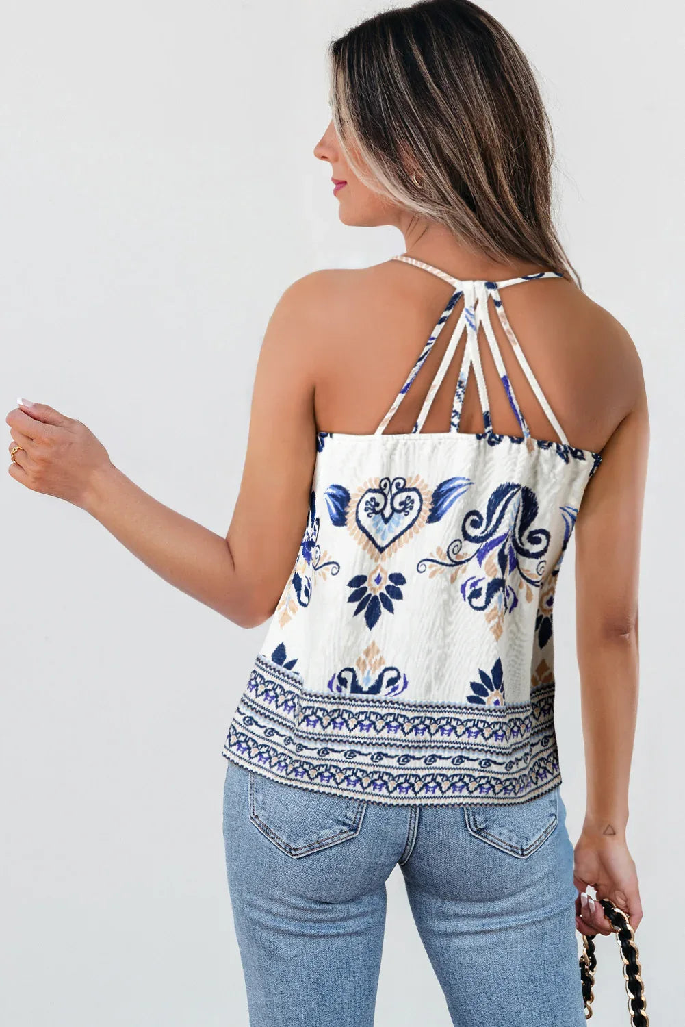 Blue Bohemian Fashion Print Spaghetti Straps Loose Tank - MarkoFit